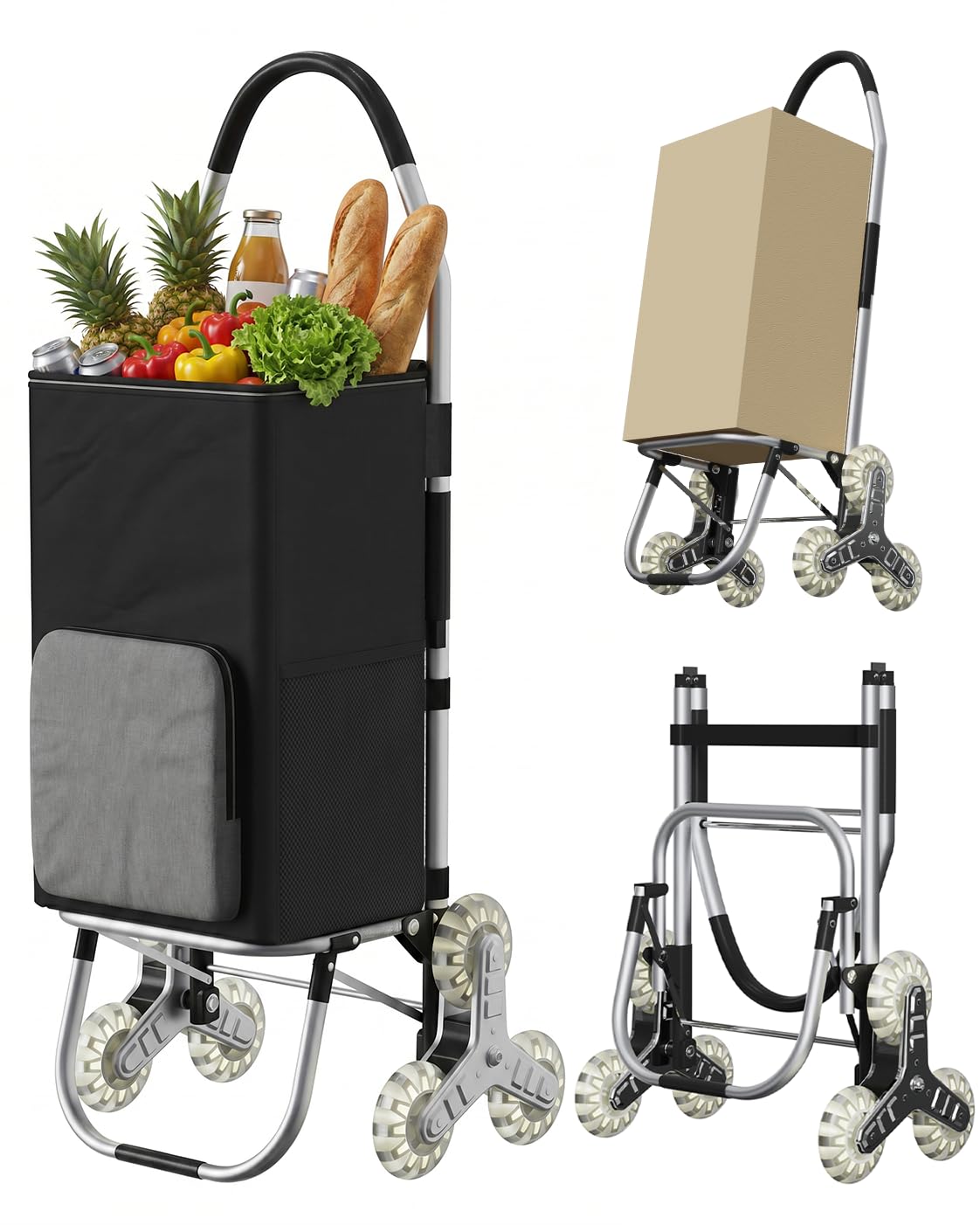 DROMEZ Einkaufstrolley Treppensteiger 50L mit Kuehlfach, klappbarer Hackenporsche mit 6 Rollen, Einkaufswagen faltbar aus Aluminium, abnehmbare Oxford-Tasche, bis 50 kg, Schwarz/Grau