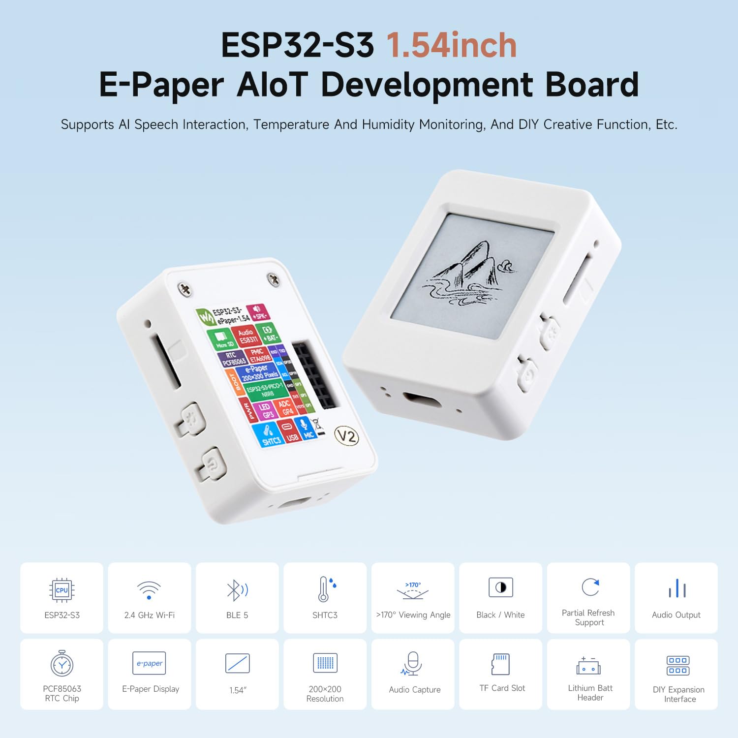 Waveshare ESP32-S3 1.54inch e-Paper AIoT Development Board, 200 × 200, Black/White, Supports Wi-Fi and BLE Dual-Mode Communication, with Touch Function, NO BAT