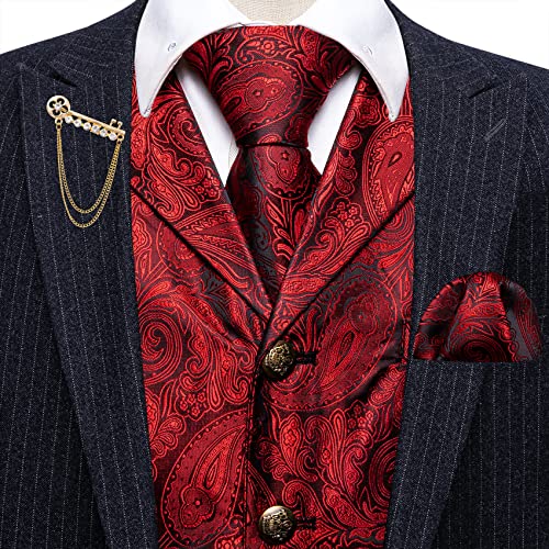 Image of Barry.Wang Mens Paisley V-neck Suit Vest Formal /Leisure Red Black Silk Jacquard Waistcoat Tie Set 5PCS