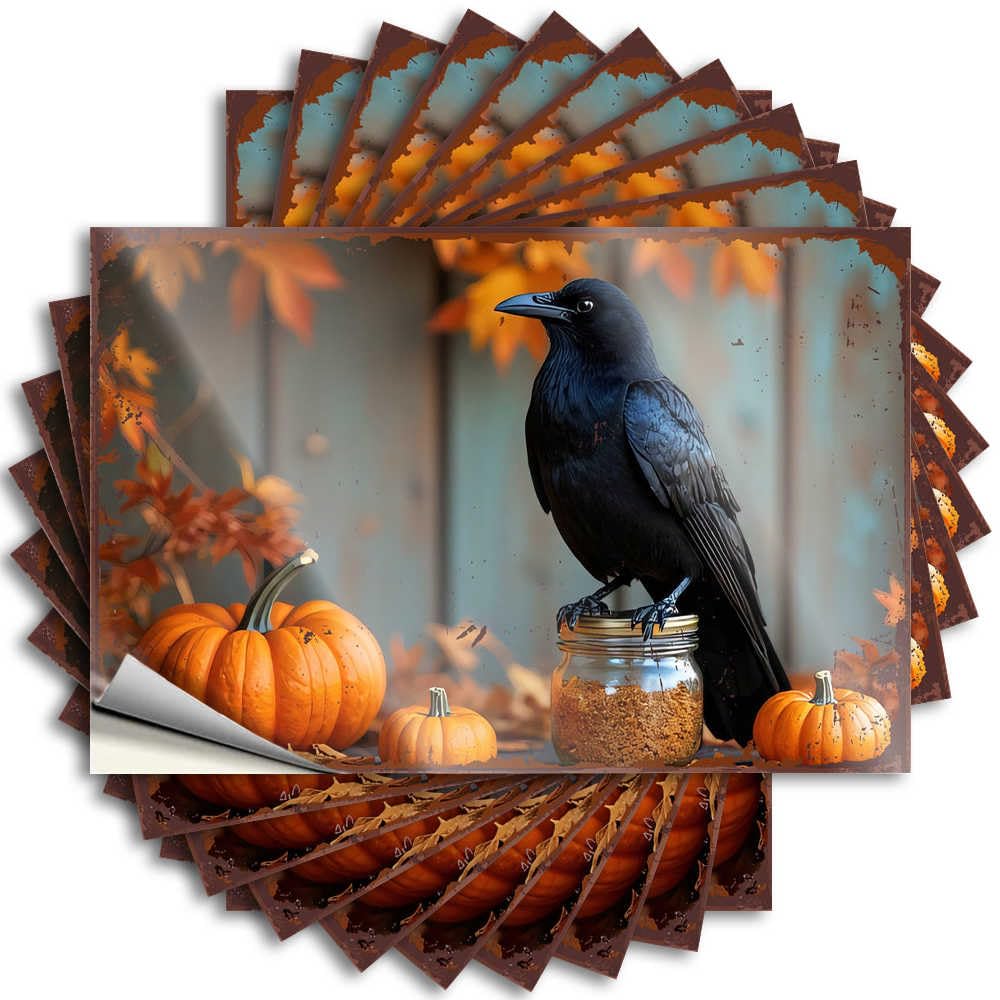 Quote Sets Vinyl Sticker | Black Crow Perched On Jar Amidst Autumn Pumpkins and Falling Leav Books for Comfort Use(12X18CM)