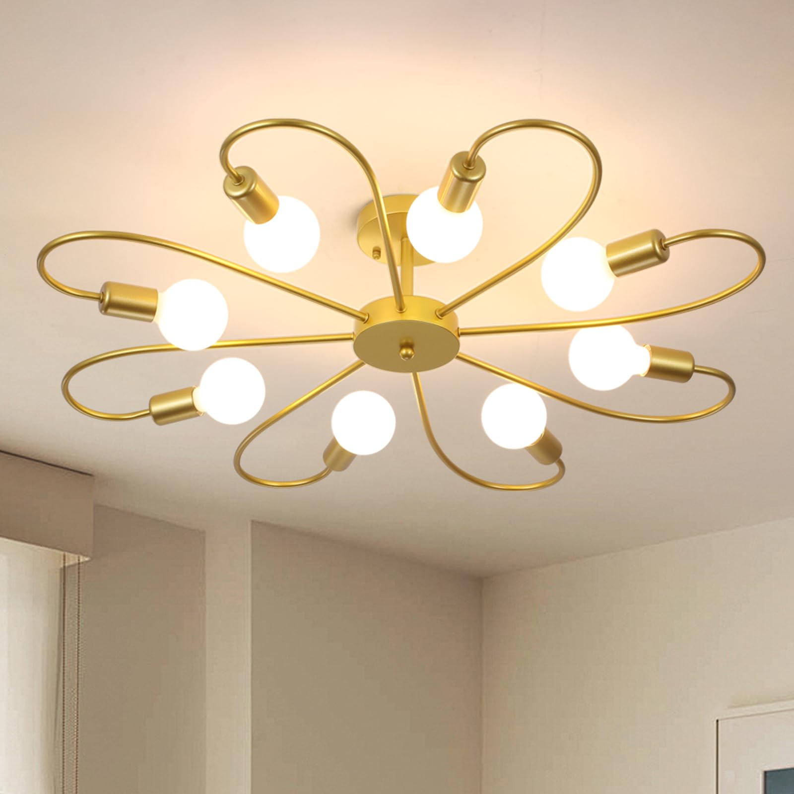 Qcyuui moderna lampada da soffitto a 8 luci lampada da soffitto industriale Sputnik, lampadari dorati a montaggio semi-incasso E27 illuminazione per soggiorno in fattoria(lampadina non inclusa)