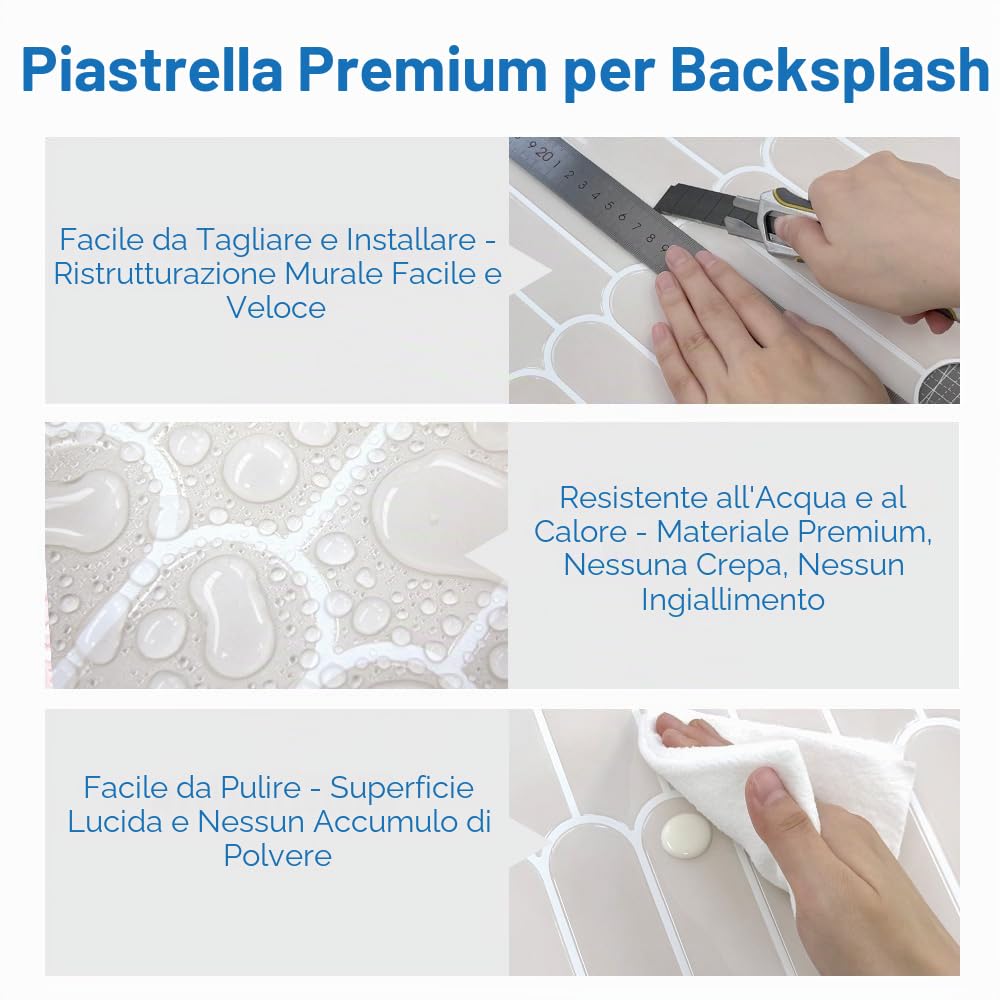 COMSTICKC Piastrelle adesive spesse da cucina, 10 pezzi 30,5 x 30,5cm | Beige, Adesivi per Piastrelle Bagno, Murali 3D Autoadesivo Cucina Decorativi, Impermeabili, 2,5 mm Spessore