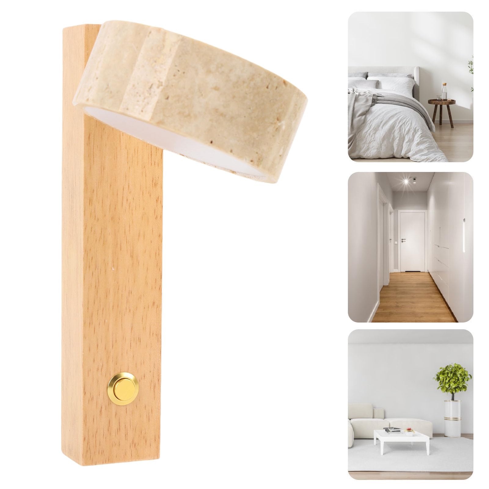 HEEPDD Rotierende Wandleuchten mit Schalter Verstellbarer Winkel LED Warme Leichte Rustikale Industriestein Holz Nacht Leselampe 30.3 Unzen Fest Verdrahtet (Originalholzfarbe)