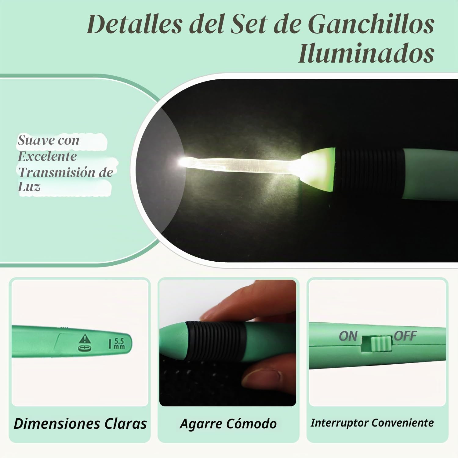 Yarniss Juego de ganchos de ganchillo ligeros con funda, 9 tamaños iluminados con batería, 2,5 mm ~ 6,5 mm, color verde