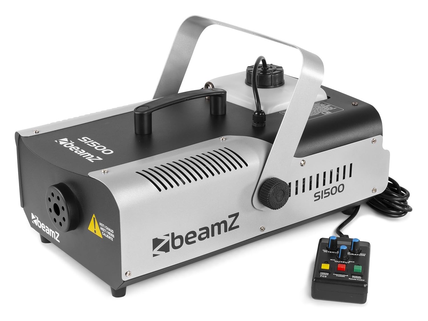 BeamZ S1500 Machine à Fumée 1500 Watts, Télécommande avec Contrôle du Débit et Programmateur, Réservoir 2.5 L, Débit par Minute 295m³, Étrier de Montage, Idéal pour Scène ou Discothèque