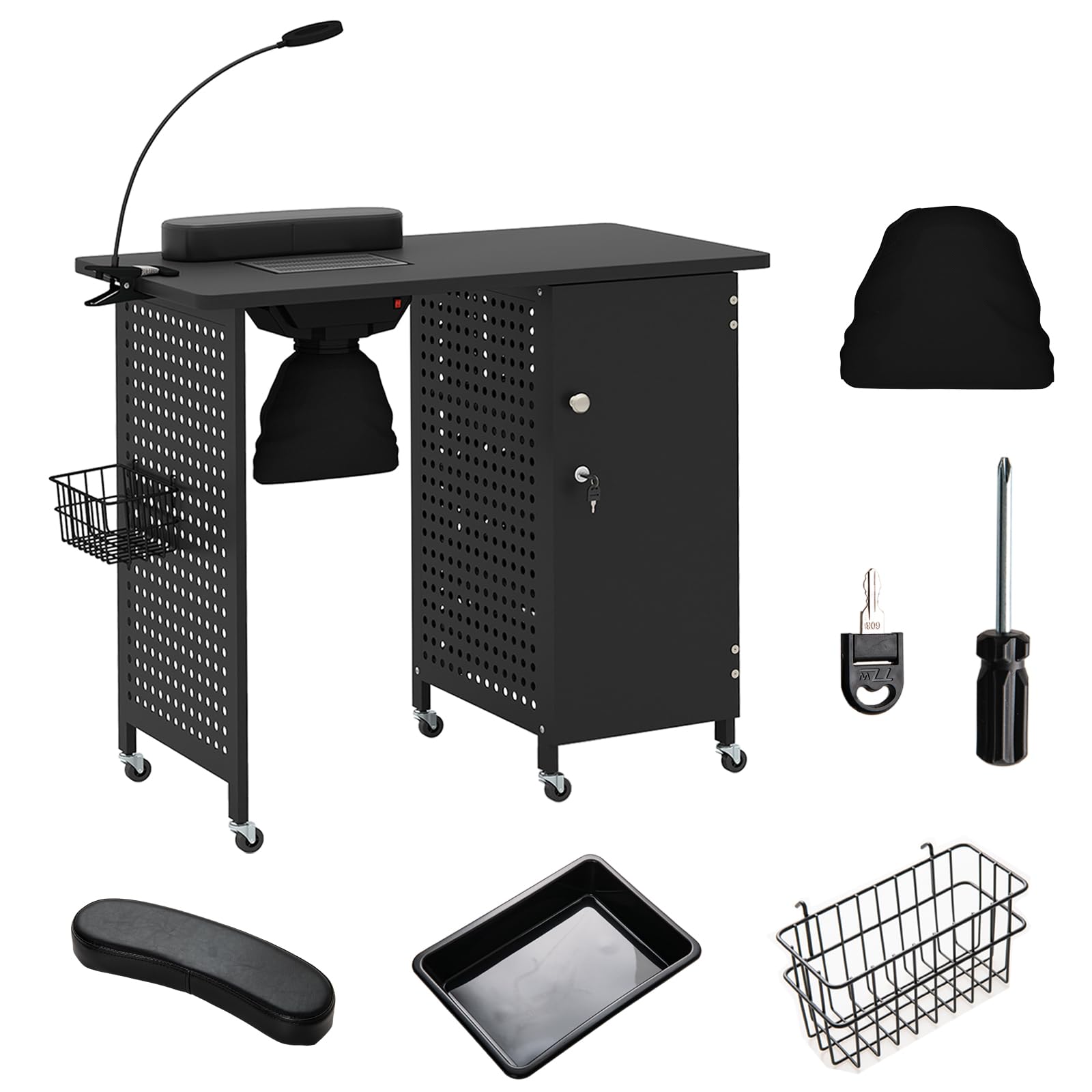 GOPLUS Nageltisch mit 6 Rollen, Maniküre Tisch mit Staubbeuteln & Verstellbares Licht mit Clip & Abnehmbarer Kasten & Metallkorb & Tür & 4 Schubladen, Nagelfrisiertisch, 90 x 45 x 78,5 cm