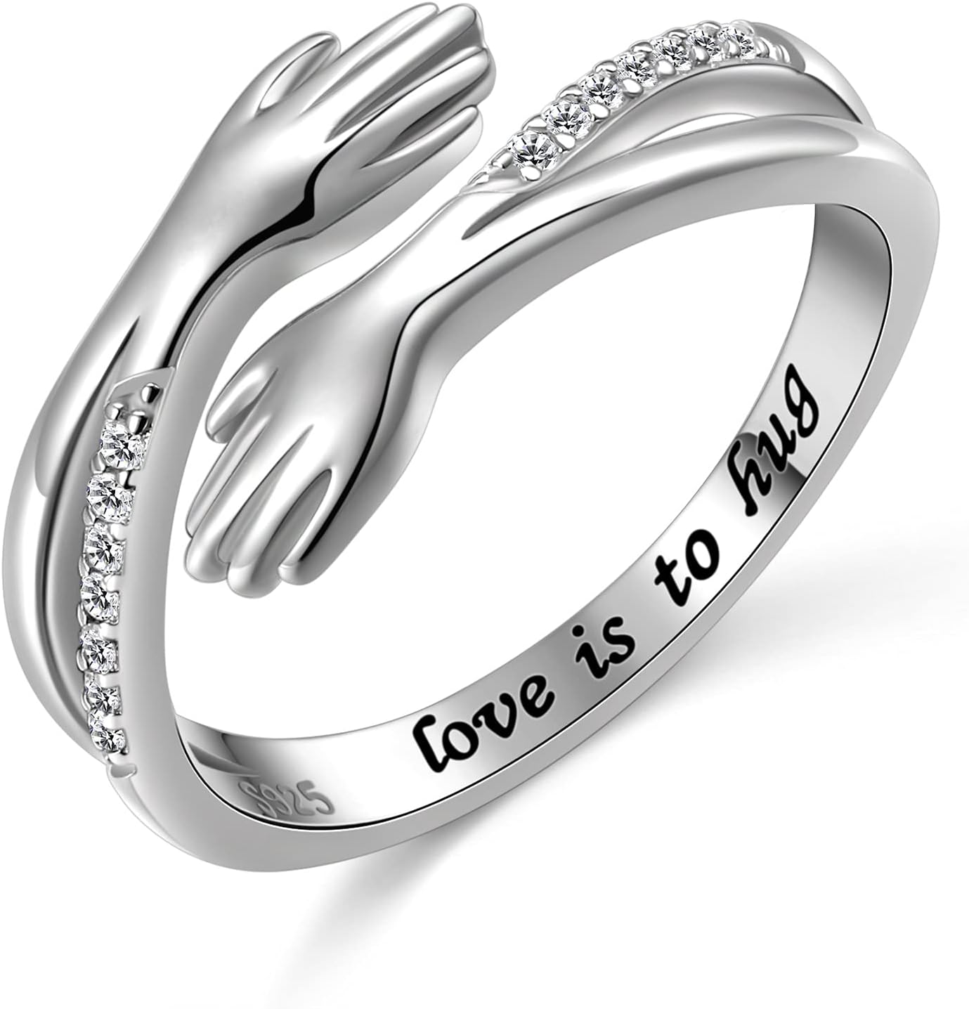 Hug Ring, 925 Sterling Silver Hugging Hands CZ Open Ring Engraved Love is to Hug Embrace Statement Promise Anniversary Ring, US Size: 5-10