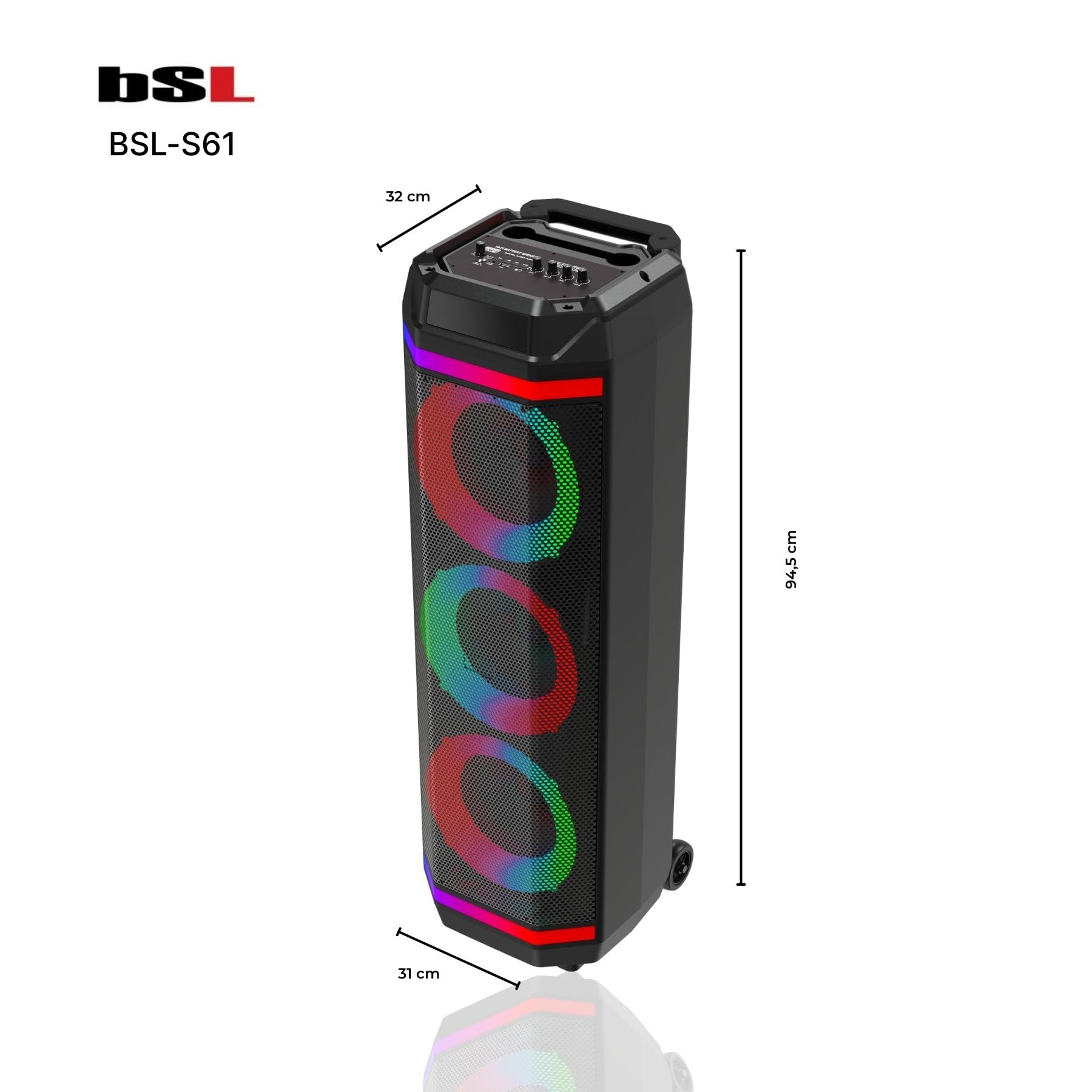 Altavoz Bluetooth BSL-S61 con iluminación en los Altavoces |3 Altavoces de 8 Pulgadas | 50W | Incluye Micrófono de Regalo | Batería de 3600 mAh | Radio FM y Reproductor MP3 vía USB | Carga USB-C