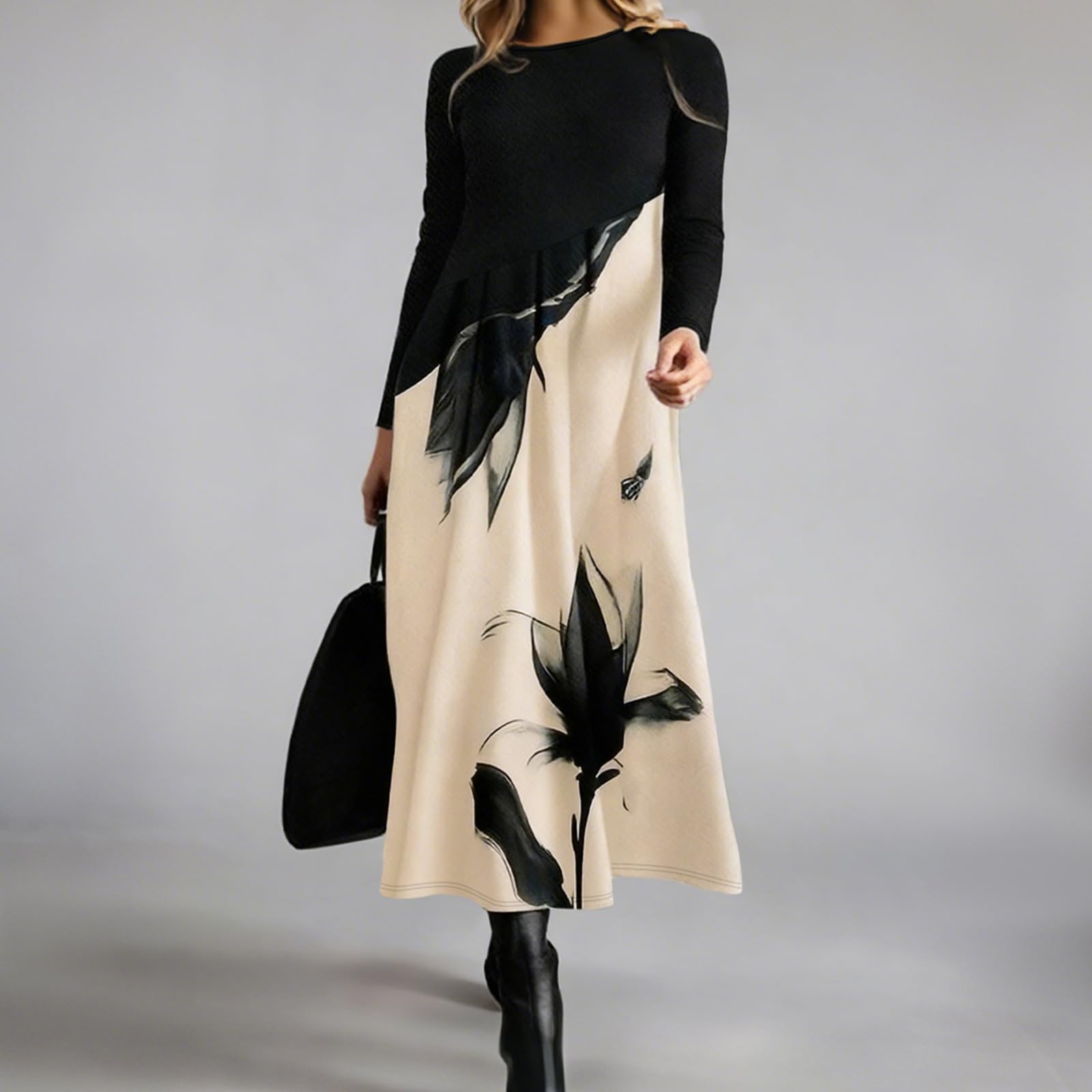 Floral Print Ink-Washed Dress for Women's Long-Sleeve Dress, Fall/Winter Commuting Style