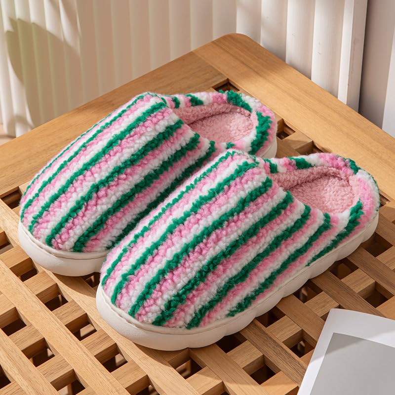 Women House Slippers with Colorful Stripe Cozy Non-Slip Warm Fuzzy Plush Home Shoes2