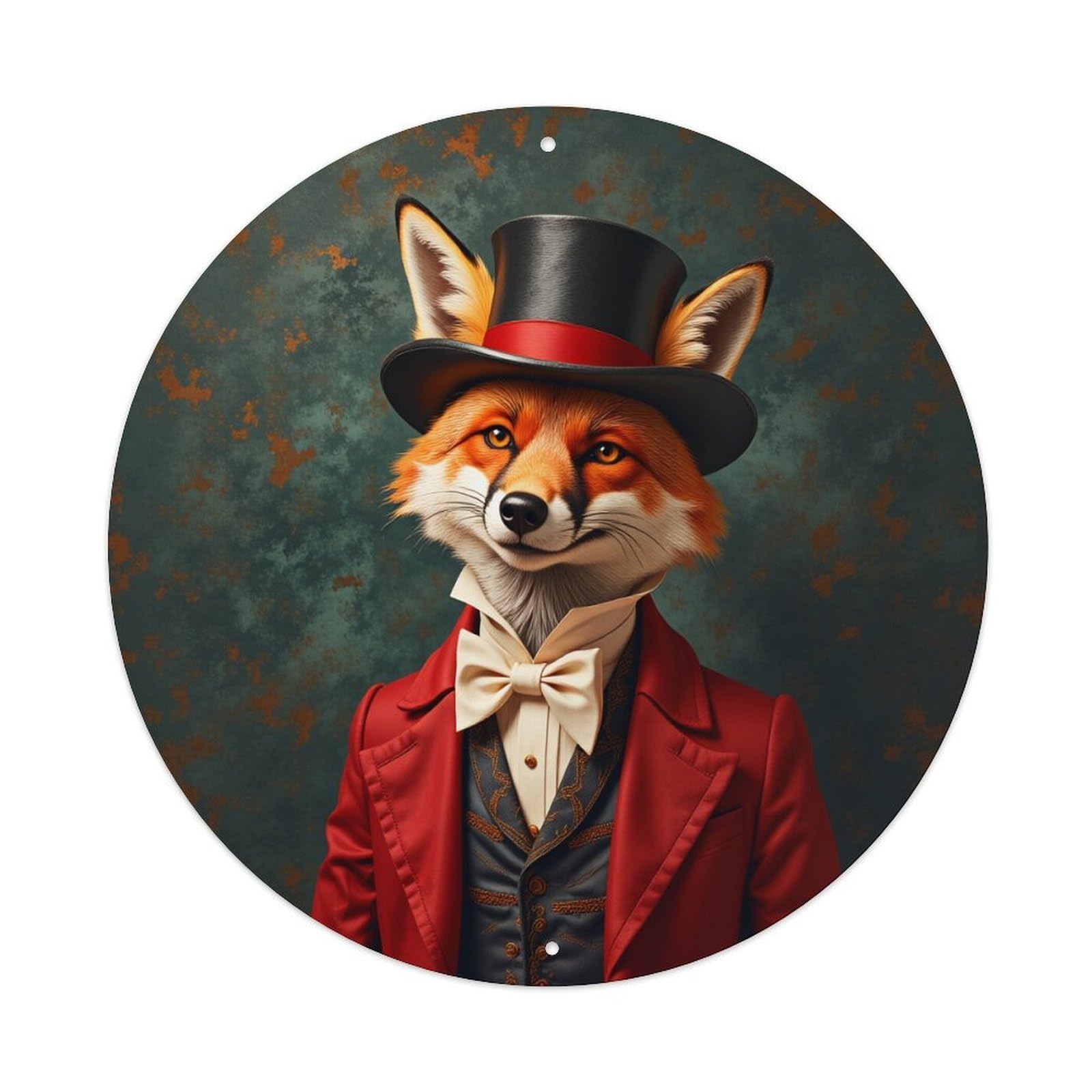 Fox In Top Hat And Suit Round Tin Sign Vintage Metal Poster, Home Bar Garage Man Cave Cafe Indoor & Outdoor Wall Decoration 8x8Inches