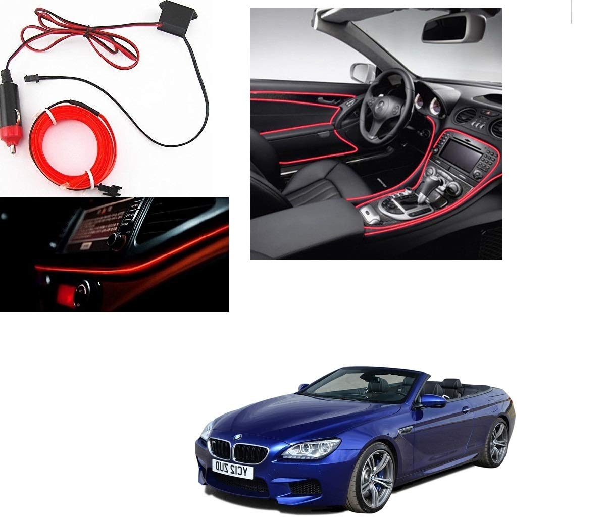 Kozdiko Red Color 12V 5Mtrs Roll Cold Light Car Socket Strip Neon Lamp Mood Creator Decor InteriorLighting for BMW 6 Series
