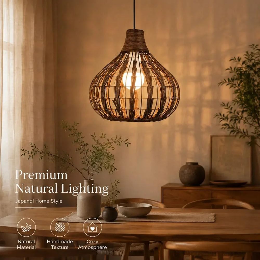 13,78 Brązowa Lampa Wisząca Z Naturalnego Rattanu, Pleciony Klosz Do Lampy Wiszącej W Kształcie Latarni, Wisząca Lampa Sufitowa, Ręcznie Robiony Klosz Do Wyspy Kuchennej W Korytarzu I Przedpokoju