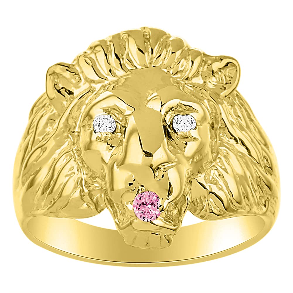Rylos Lion Head Ring Color Stones Eyes &amp; Diamond Mouth – Fun Designer Rings in Sizes 8-13 in Yellow Gold Plated Silver