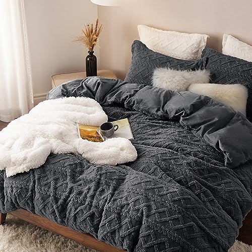 Bedsure Fluffy Flannel Duvet Cover Set - Faux Fur Comforter Cover King Size, Dark Grey Warm Plush...