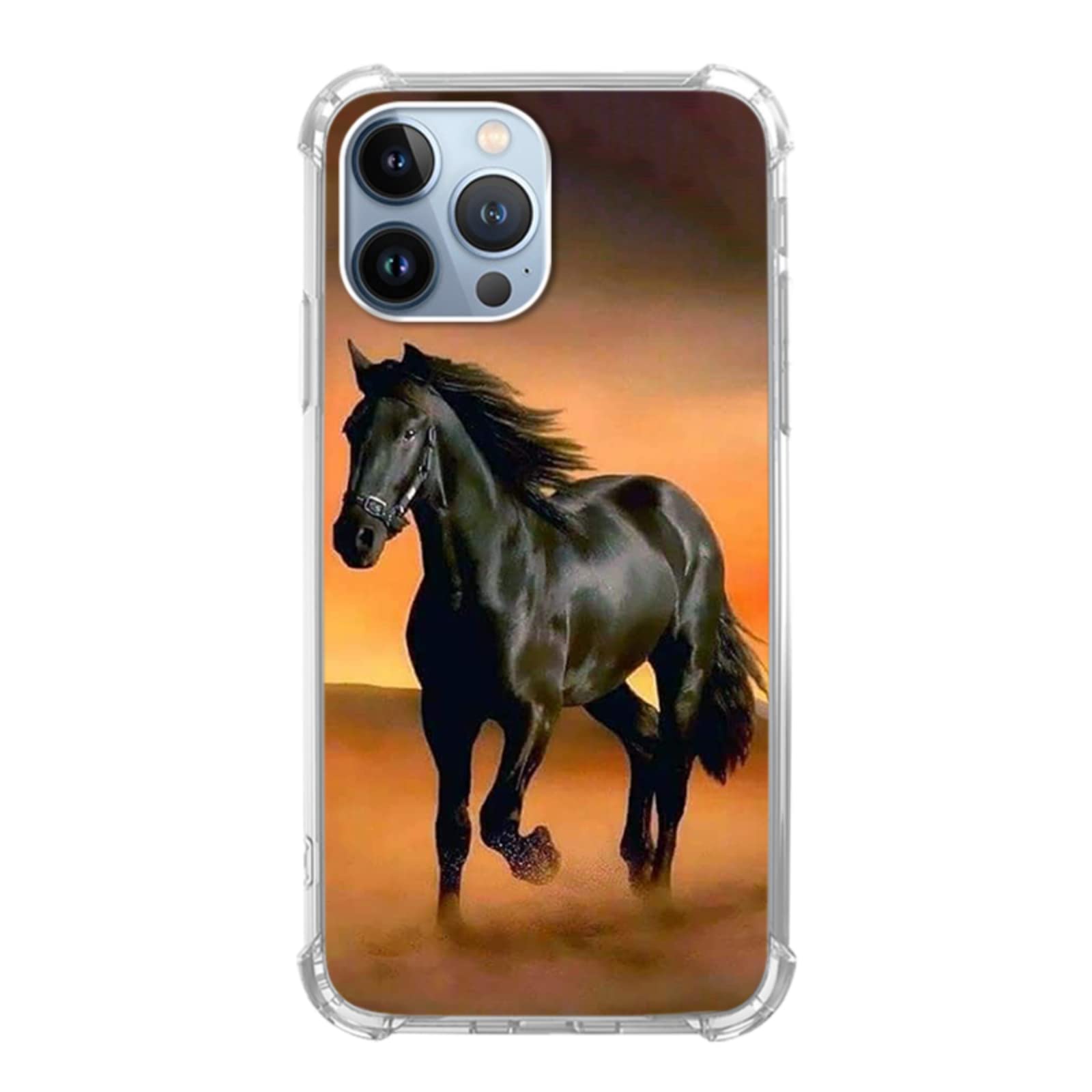 Aesthetic Black Horse Sunset Phone Case for iPhone 13 Pro Max, Cool Animal Horse Case for Girls Boys Women Men, Unique Trendy TPU Bumper Cover Case for iPhone 13 Pro Max