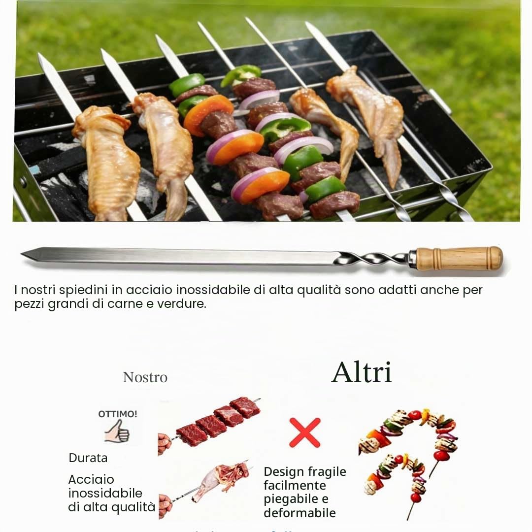 6 spiedini lunghi in acciaio inox con manico in legno (60 cm di lunghezza, 6 pezzi con manico in legno)