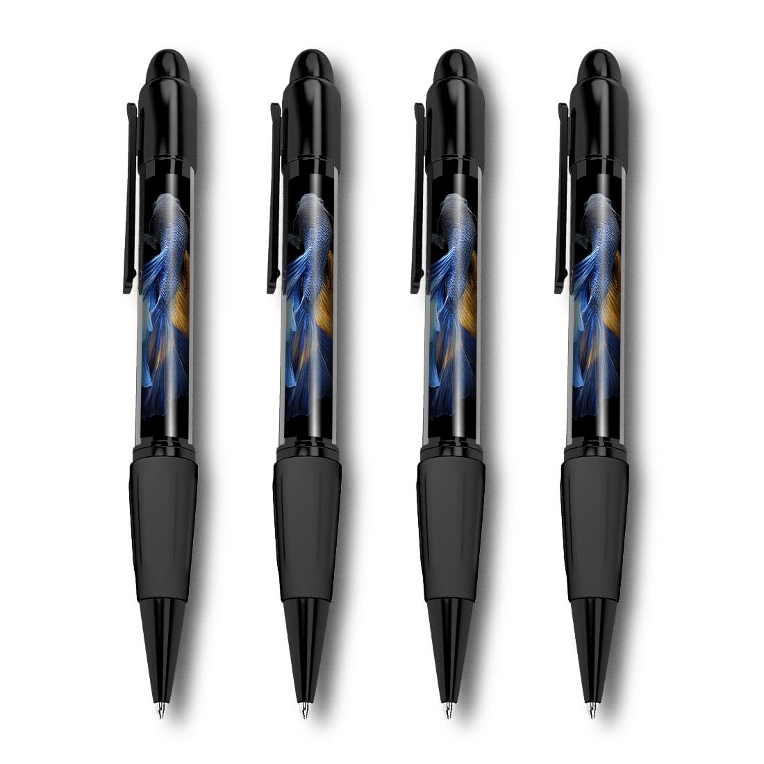 Set of 4 Black Ballpoint Pens (Photo Insert) - Siamese Fighting Fish Betta - Soft Feel Finger Grip #63261