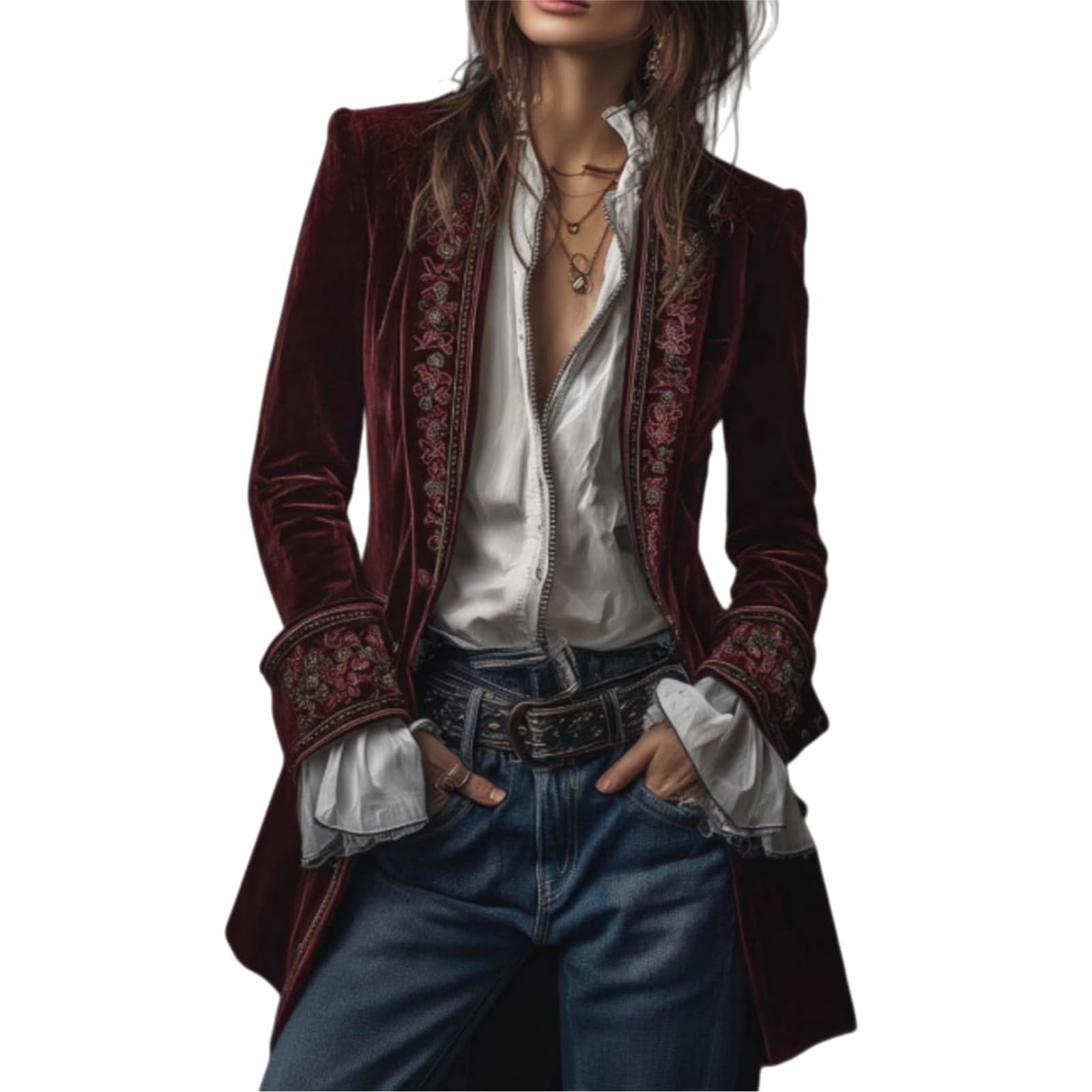 Velvet Jacket Women Embroidered Vintage Long Sleeve Gothic Coat Retro Slim Open Front Cardigan Fall Fashion Jackets