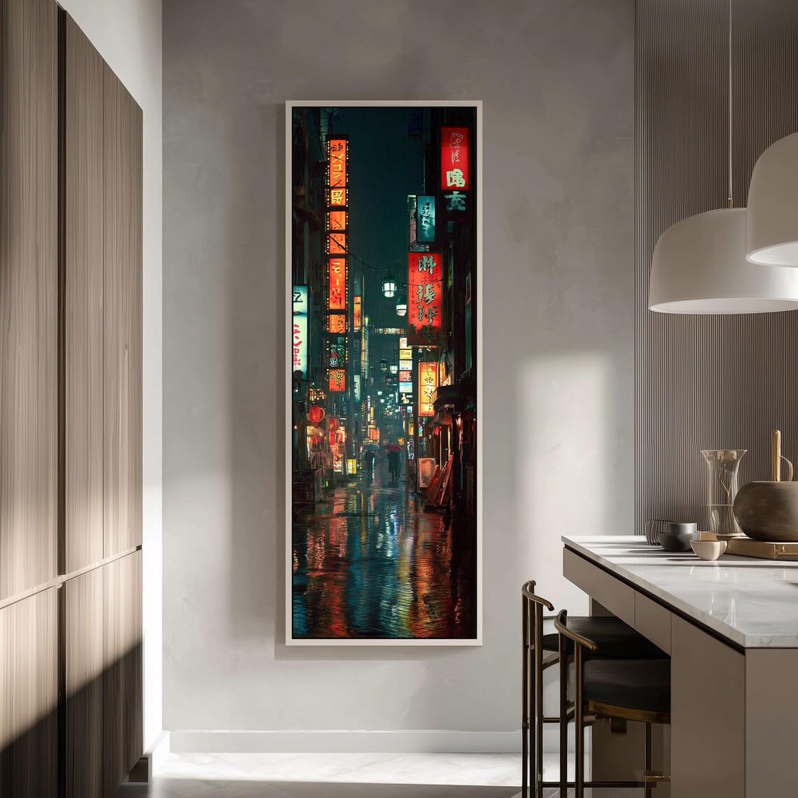 XBTYKPB Neon Street Canvas Art, Vertical Cyberpunk Cityscape, Tall Narrow Rainy Night Print, Urban Japanese Decor, Architecture(20x60cm/Frameless)