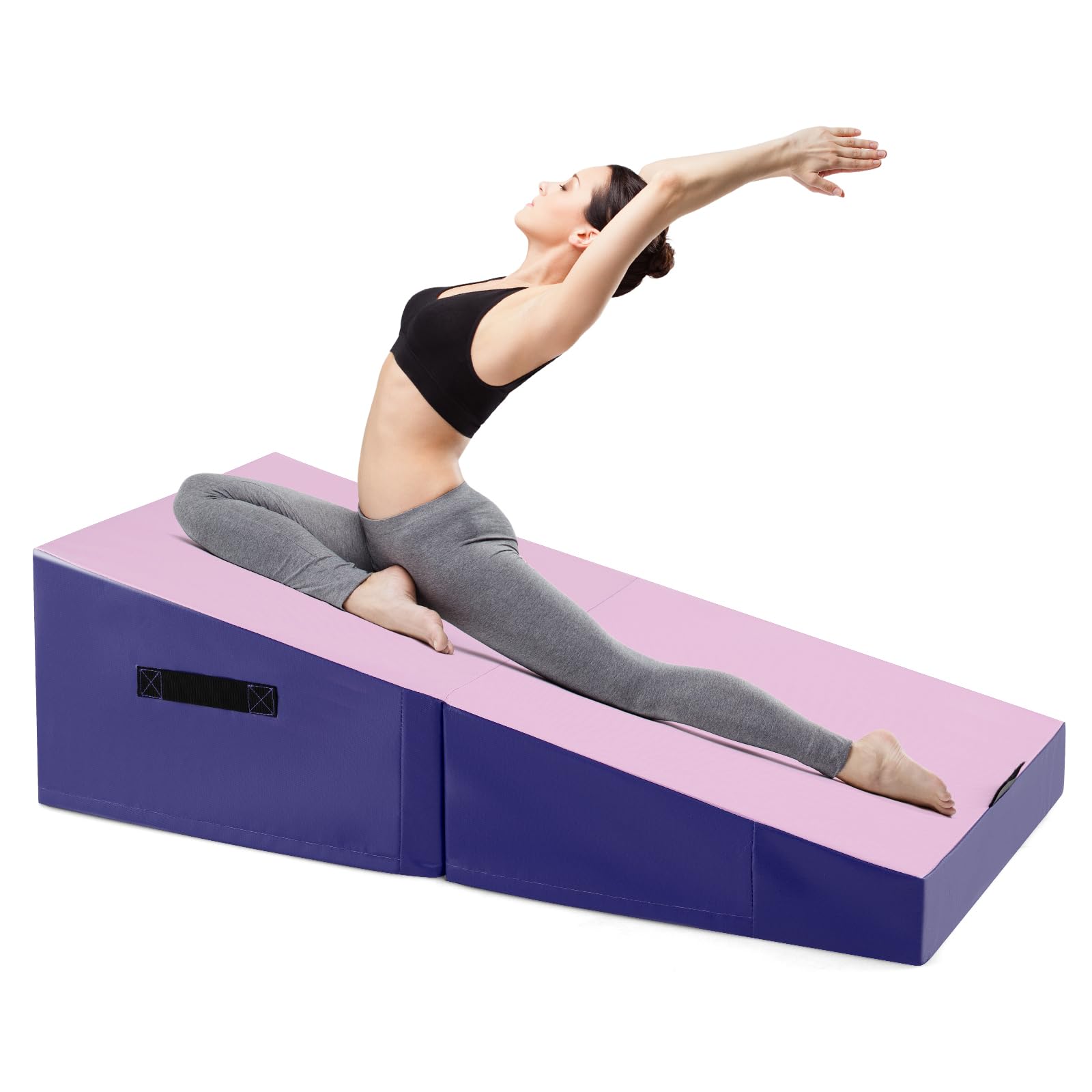 GYMAX Neigbare Gymnastikmatte, Schräge Gymnastikmatte mit Keilform & Tragegriff, Weichbodenmatte, faltbare Fitnessmatte, Trainingsmatte für Kinder& Erwachsene