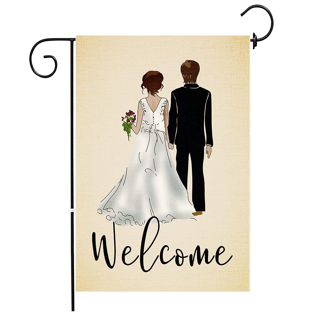 Chengxun Welcome Watercolor Bride and Groom Wedding Garden Flag Vertical Double Sized, Anniversary Holiday Party Yard Outdoor Decoration