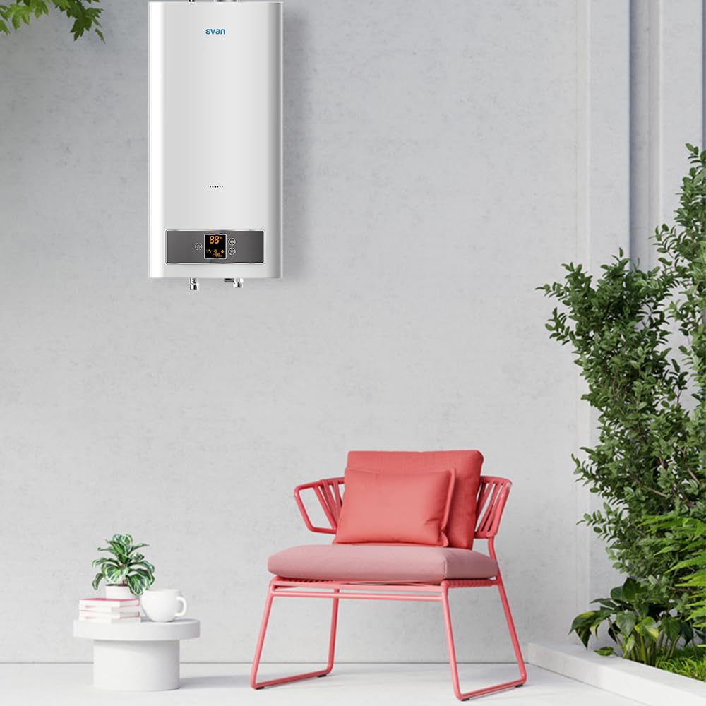 Svan Calentador Estanco SCE1100ADB. Instalación Vertical, 11l/min, 45W, baja emisión gas NOx, control táctil, Display LED, Temperatura max. 65º, Blanco, Eficiencia Energética Clase A