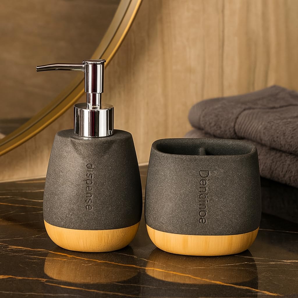 The Better Home Polyresin Bathroom Soap Dispenser (250 ml) and Toothbrush Holder (300 g) | Soap Dispenser for Bathroom | Plastic Base | Bathroom Accessories | Handwash Dispenser | Grey