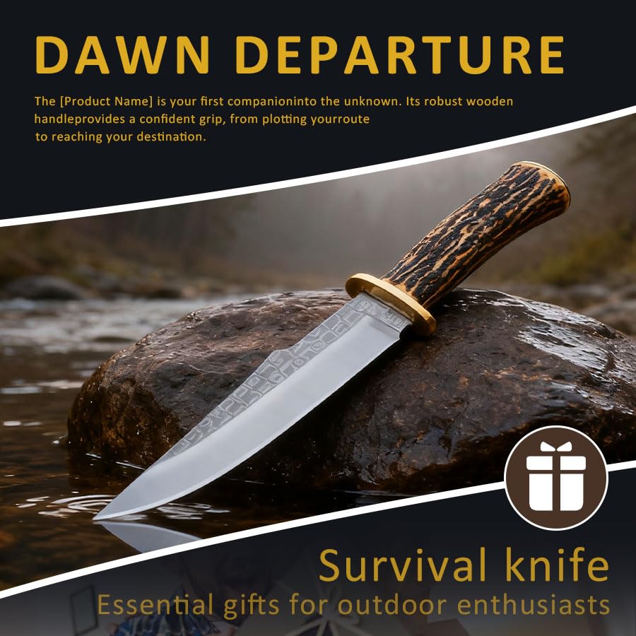 Couteau Outdoor 31cm – Lame Clip-Point Style Californien avec Texture Patinée, Garde Classique en Laiton, Poignée Imitation Corne de Cerf, Compagnon Robuste pour la Nature