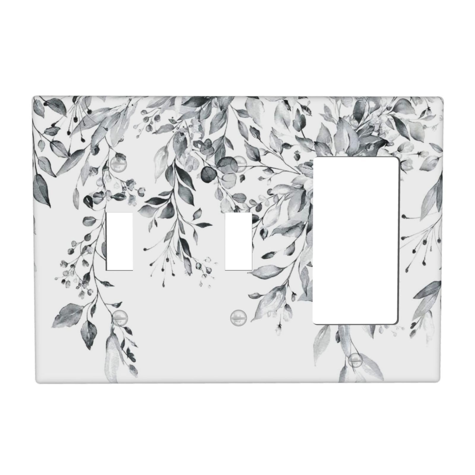 White/Grey Sage Eucalyptus Leaves 3 Gang 2 Toggle 1 Decorator/GFCI Combination Light Switch Cover Decorative Triple Combo Switch Face Wall Plate Room Decor