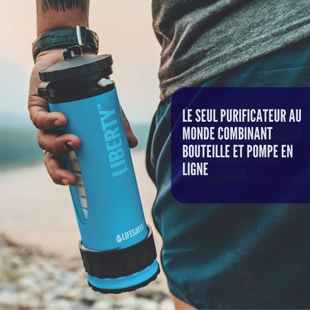 LifeSaver® Liberty Bouteille filtrante (400 ml) | Gourde filtre 99,9999 % des bactéries | Traitement de l'eau potable pour le camping jusqu'à 2 000 l | Désinfectant d'eau portable pour la randonnée
