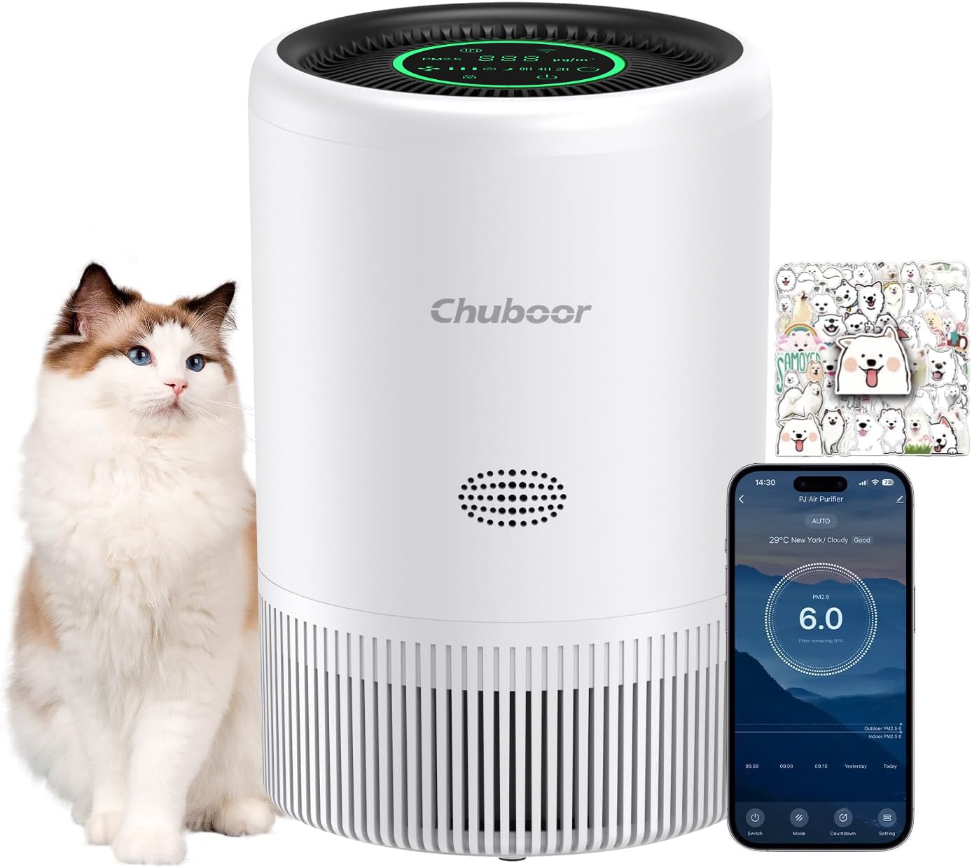 Luftreiniger Allergiker, Air Purifier 3 Geschwindigkeiten, 25dB HEPA Luftfilter gegen Pollen & Gerüche und Tierhaare 305m³/h CADR für Schlafzimmer bis zu 110m², App Steuerung & Timer