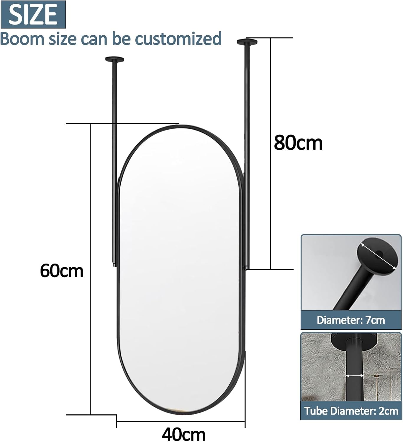 Shaving Mirror Shower Mirror for Bathroom, Oval Wall Hanging Decorative Mirror with Black Metal Framed Vanity Mirror for Dressing Room & Living Room with 2 Ceiling Boom (Size : 40cmx60cm)