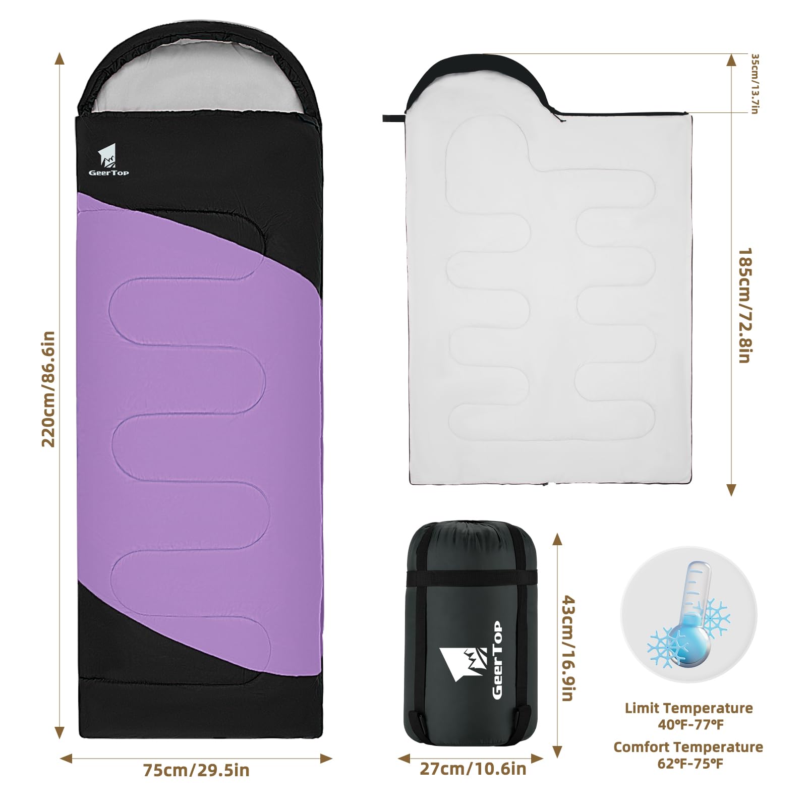 GEERTOP Sac de couchage de randonnée pour camping, sac de couchage léger pour adultes et enfants, pour l'été, chaud, froid, randonnée, voyage