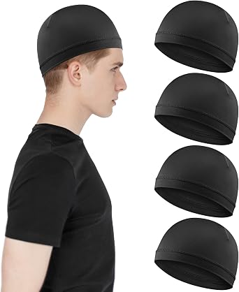 4Pcs Wave Cap for Men Silky Durags Elastic Band Wave Caps for 360 540 720 Waves Soft Breathable Satin Durag Unisex Adults Kids Skullies Beanies Hats Shower Cap Black(Black,Dark Gray)