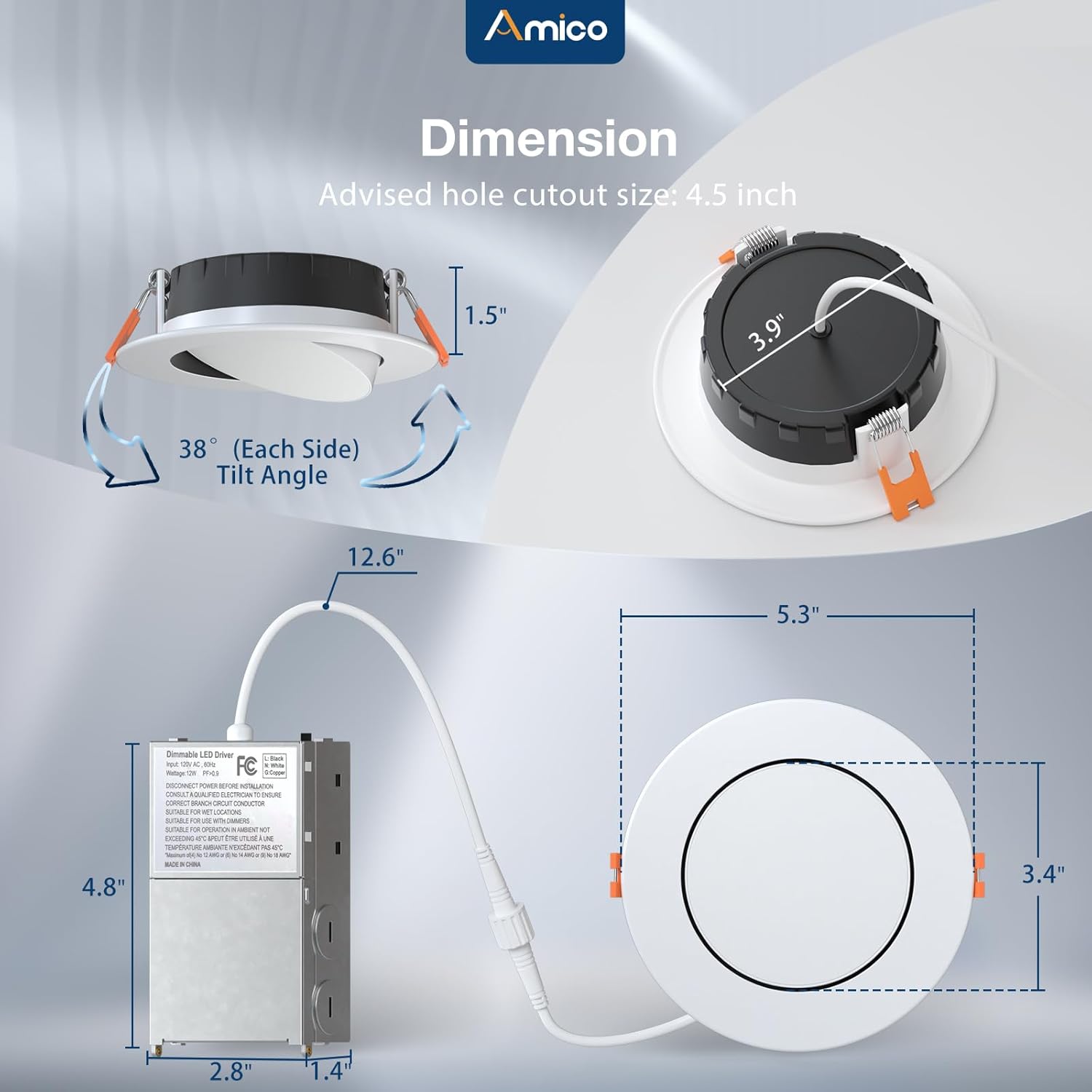 Amico 6 Pack 4 Inch 5CCT Gimbal LED Recessed Lighting, Directional Adjustable Ceiling Downlight, Angled Dimmable Canless Light with Jbox, 2700K-5000K Selectable, 10W=70W 800LM, ETL&FCC
