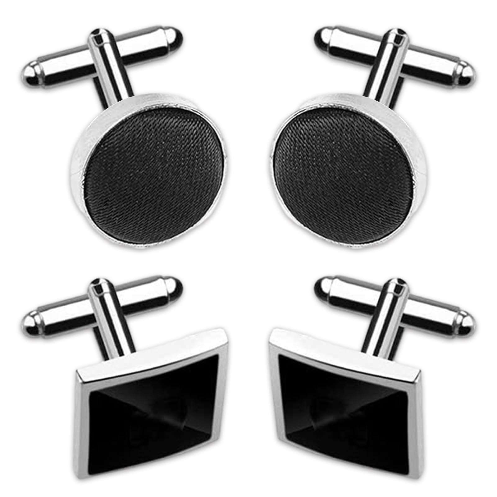Cozevdnt 2Pairs Men's Cufflinks, Round Plain Satin, Square Silver Metal Cufflinks, For All Cufflink Compatible Shirt, For Weddings, Formal Dinners And Business Events