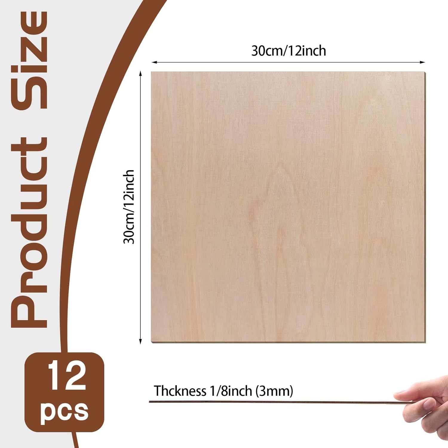 12 Pcs Baltic Birch Plywood,12 x 12 x 1/8 Inch - 3mm Thick Birch Unfinished Wood for Crafts Laser Cutting & Engraving, School DIY Projects, Painting, Fretwork, CNC Cutting, and Wood Burning
