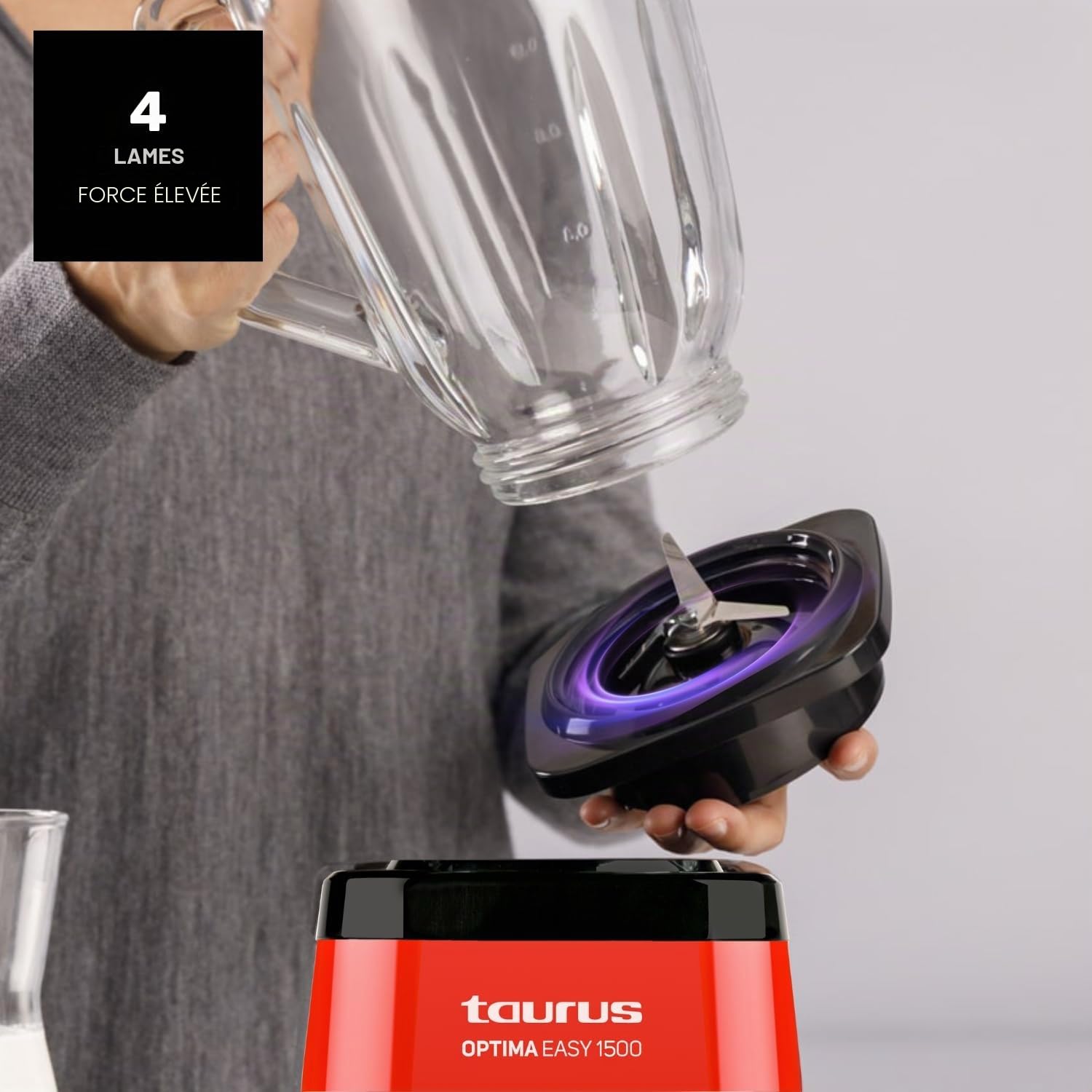 Taurus Optima Easy Mixeur en verre 1 500 W avec bol en Tritan 1,5 l 2 vitesses + Turbo Lames à 4 tranchants Processeur alimentaire professionnel Blender mixeur smoothies et smoothies