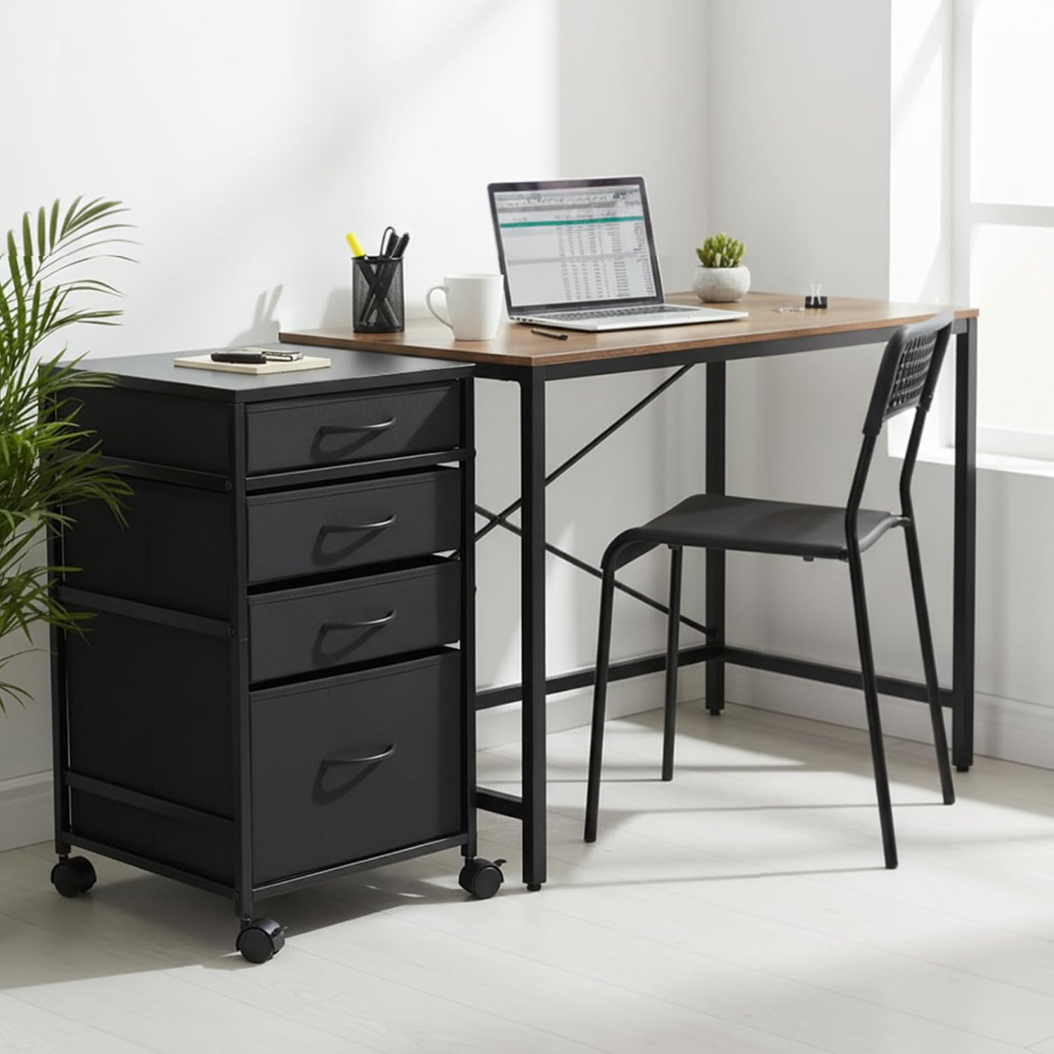 Chunful 4 Drawer Rolling File Cabinet Mobile Printer Stand Metal Cart with Fabric Vertical Filing Chest Wheels A4 Letter Size Under Desk Utility Craft Storage Organizer for Home Office School(Black)