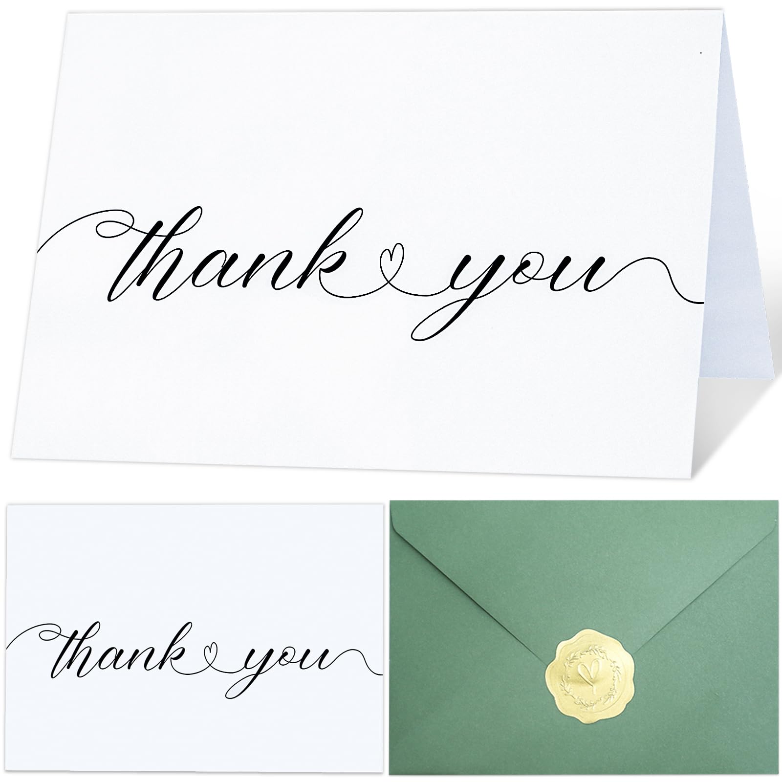 LYINUR 24 Pack Thank You Cards with 24 Sage Green Envelopes and 25 Gold Foil Stickers, Thank You Cards Multipack for Teacher, Small Business, Wedding, Graduation, Christmas - 15 x 10 cm