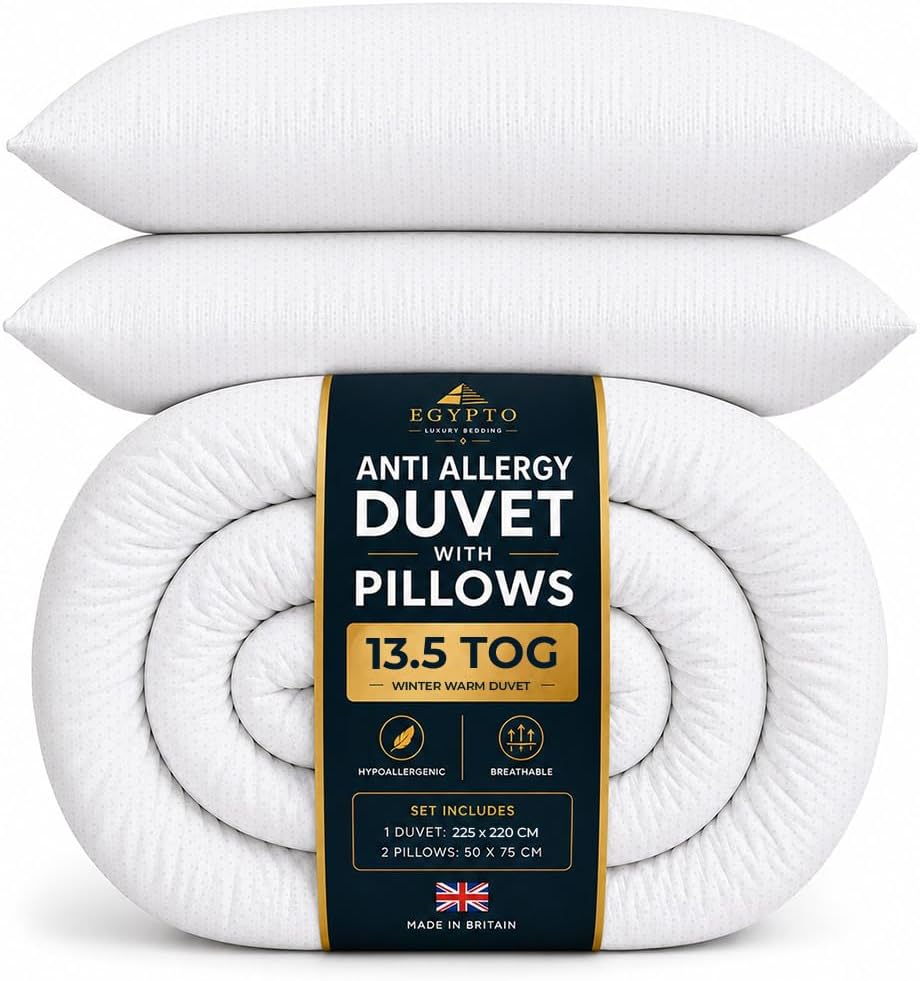 Hollowfibre King Size Duvet 13.5 Tog โ Luxurious Warm Winter Duvet with 2 Jumbo Pillows โ Super Soft & Breathable Anti-Allergy Corvin Cover Quilt Easy Care (13.5 Tog, King + Pillow Pair)
