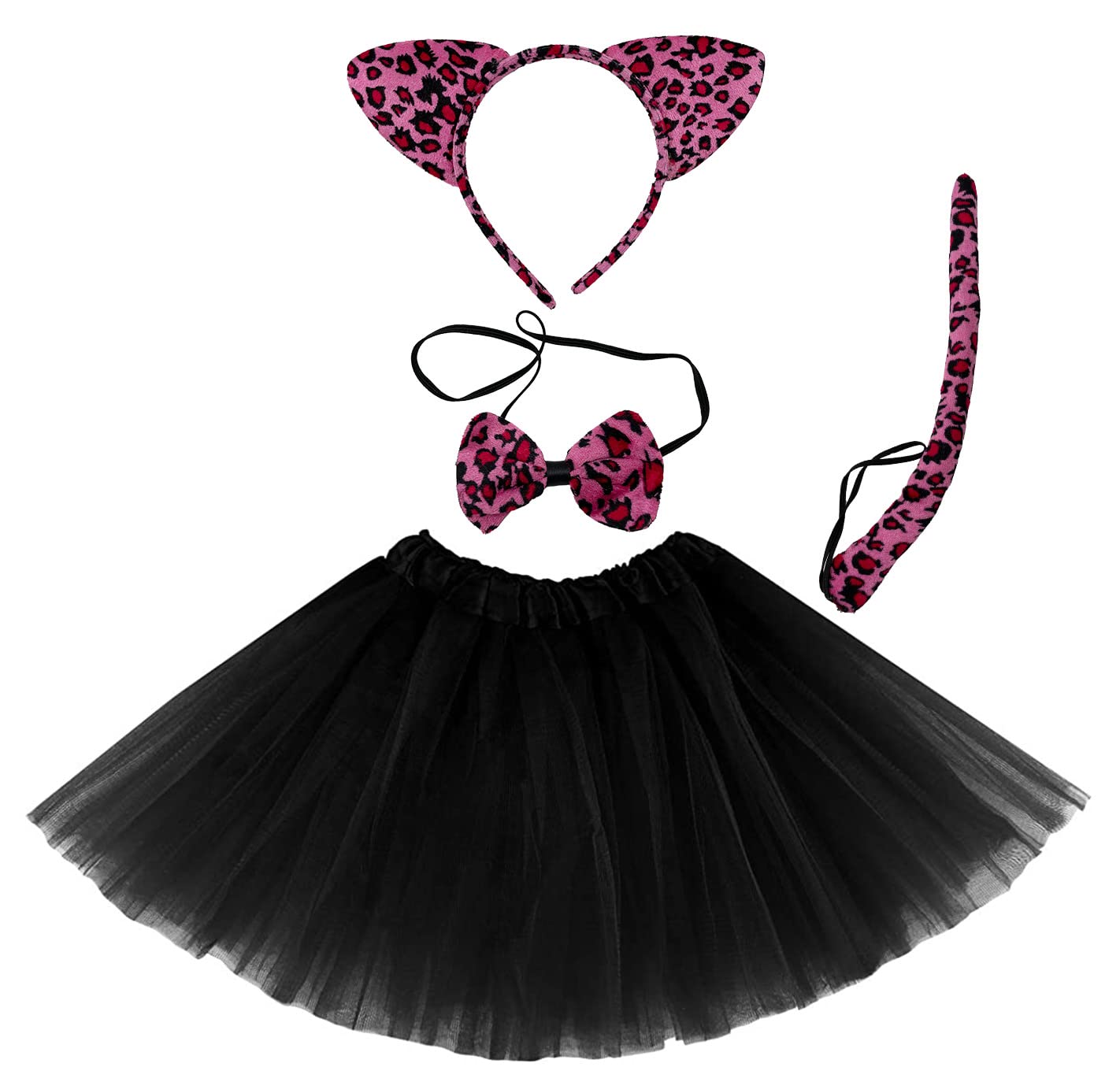 Conjunto de Disfraz para Carnaval Halloween y Fiesta Cosplay de Animales, Diadema de Orejas Pajaritas Cola con Estampado de Animales y Tutu Falda para Chicas y Mujeres, 4pcs