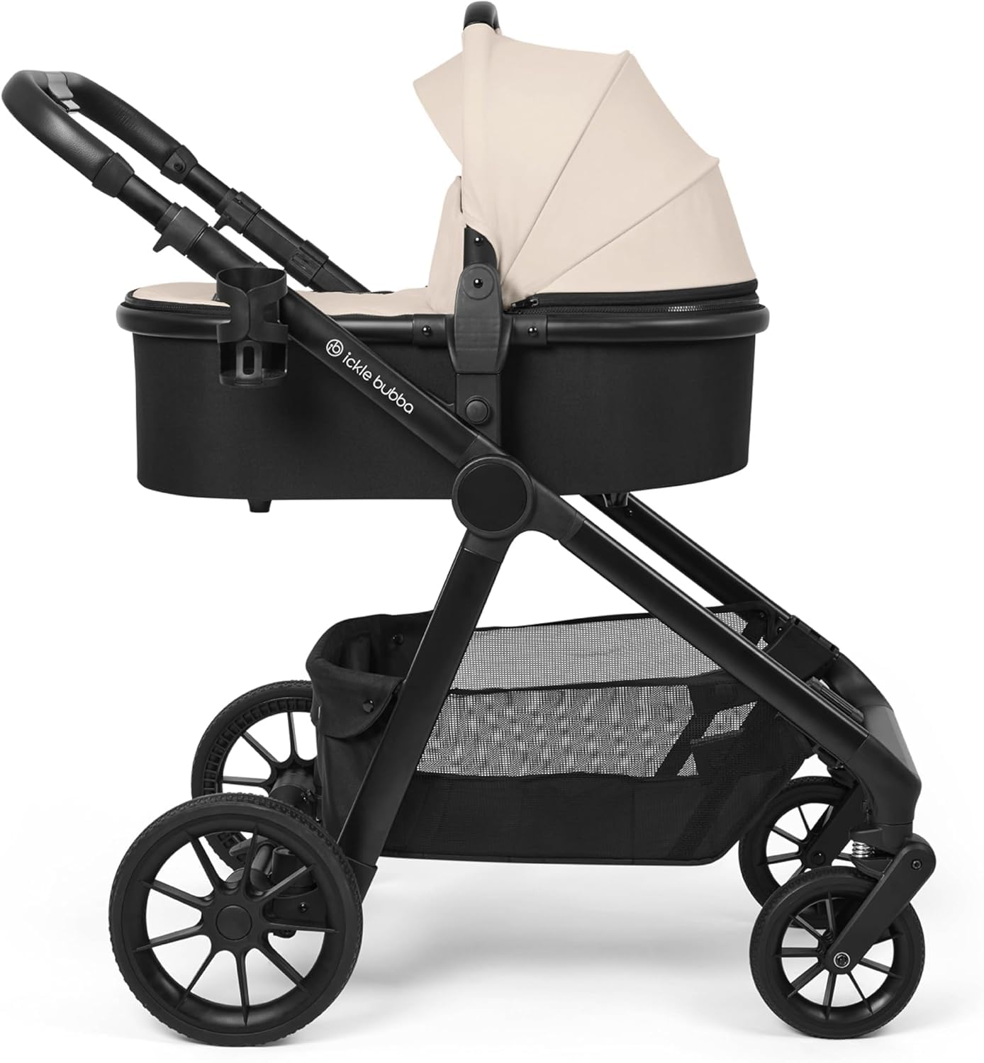 Ickle Bubba Virgo Twin 18-teiliges Reisesystem mit i-Size Cirrus-Autositzen und ISOFIX-Basis, geeignet von der Geburt bis zu 15 Monaten – Tandem-Kinderwagen und Zubehör (Stein) | Tandem-Kinderwagen mit 17 Konfigurationen, Fußsäcken, Regenschutz, Wickeltas