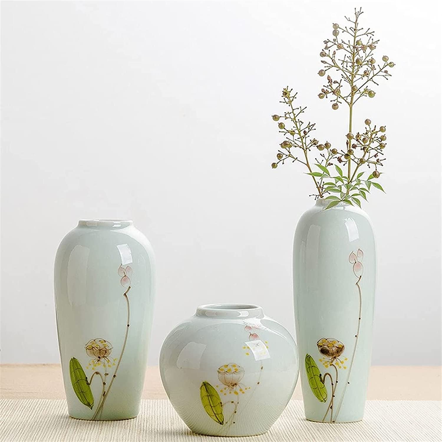 OLOTU Moda Florero de Estilo Chino, floreros de cerámica Blanca, jarrón de Loto Pintado a Mano, hogar, Restaurante, Mesa de Centro, decoración de Escritorio Decoración