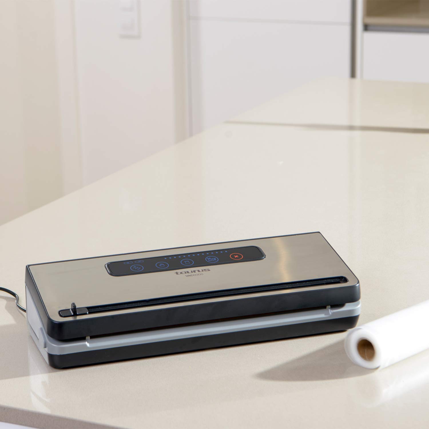 Taurus Vac600 - Envasadora y selladora al vacío de alimentos con cortador, alimentos secos y húmedos, función stop, tamaño y sellado 30 cm, indicador LED, bandeja de goteo, acero inoxidable y negro