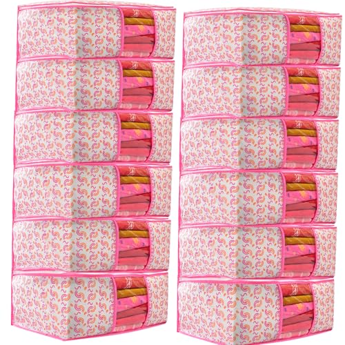 Image of Non-Woven Saree Covers with Zipper & Transparent Window | Clothes Storage Bags for Wardrobe Organization | Dustproof Garment Storage for Sarees, Dresses, and Clothes (Pink, Pack of 12)