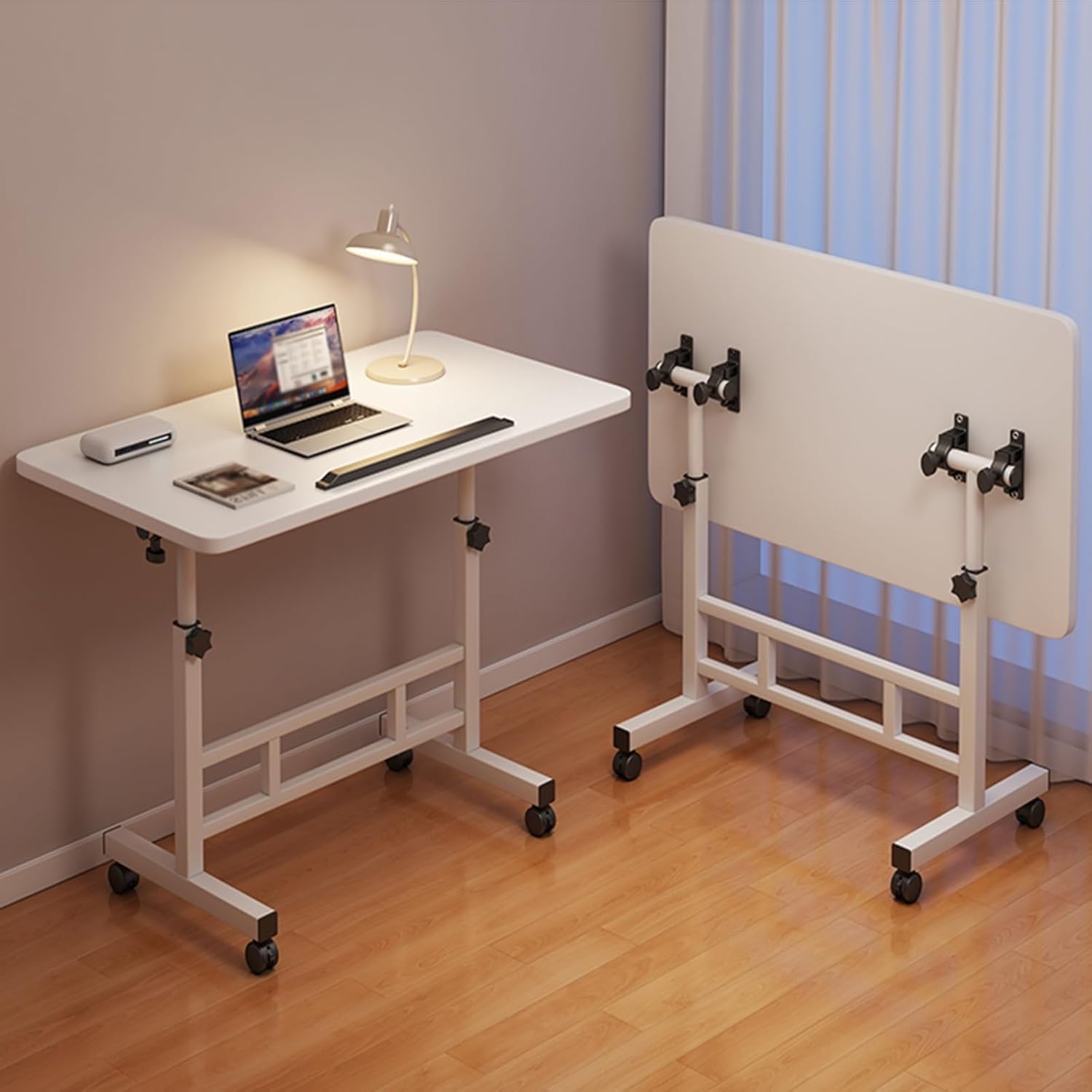 Hbluefat Mobile Rolling Computer Desk, 31.5" Folding Adjustable Height Laptop Cart Table with Wheels, Portable Flip Office Work Desk for Home Office, Small Space (White)