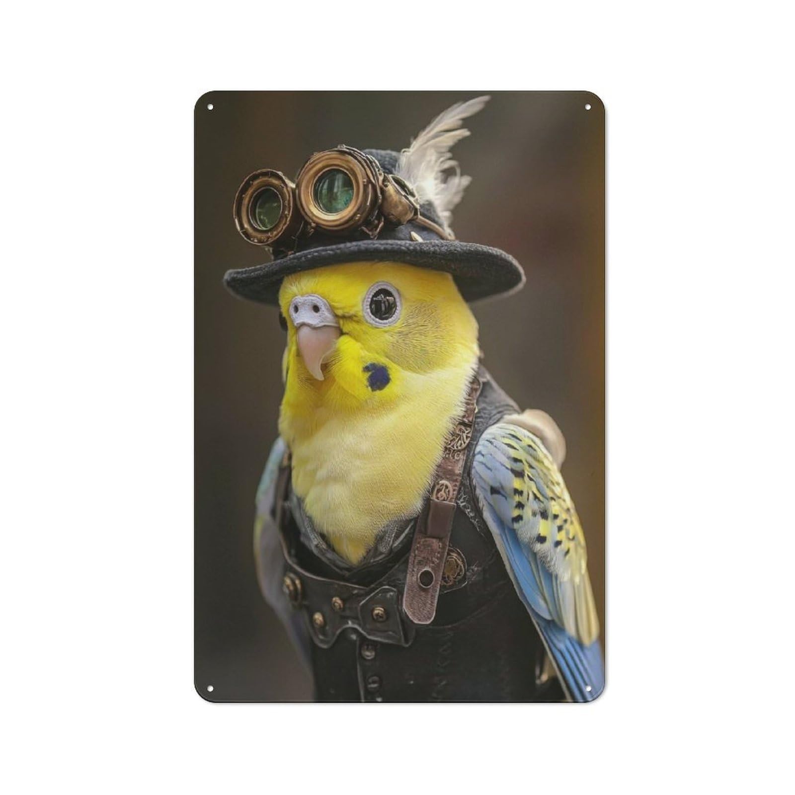 Industrial Tin Wall Sign 30x20cm Featuring Steampunk Parakeet, Urban Room Decor for Workspace, Cafe, Hallway Or Garage