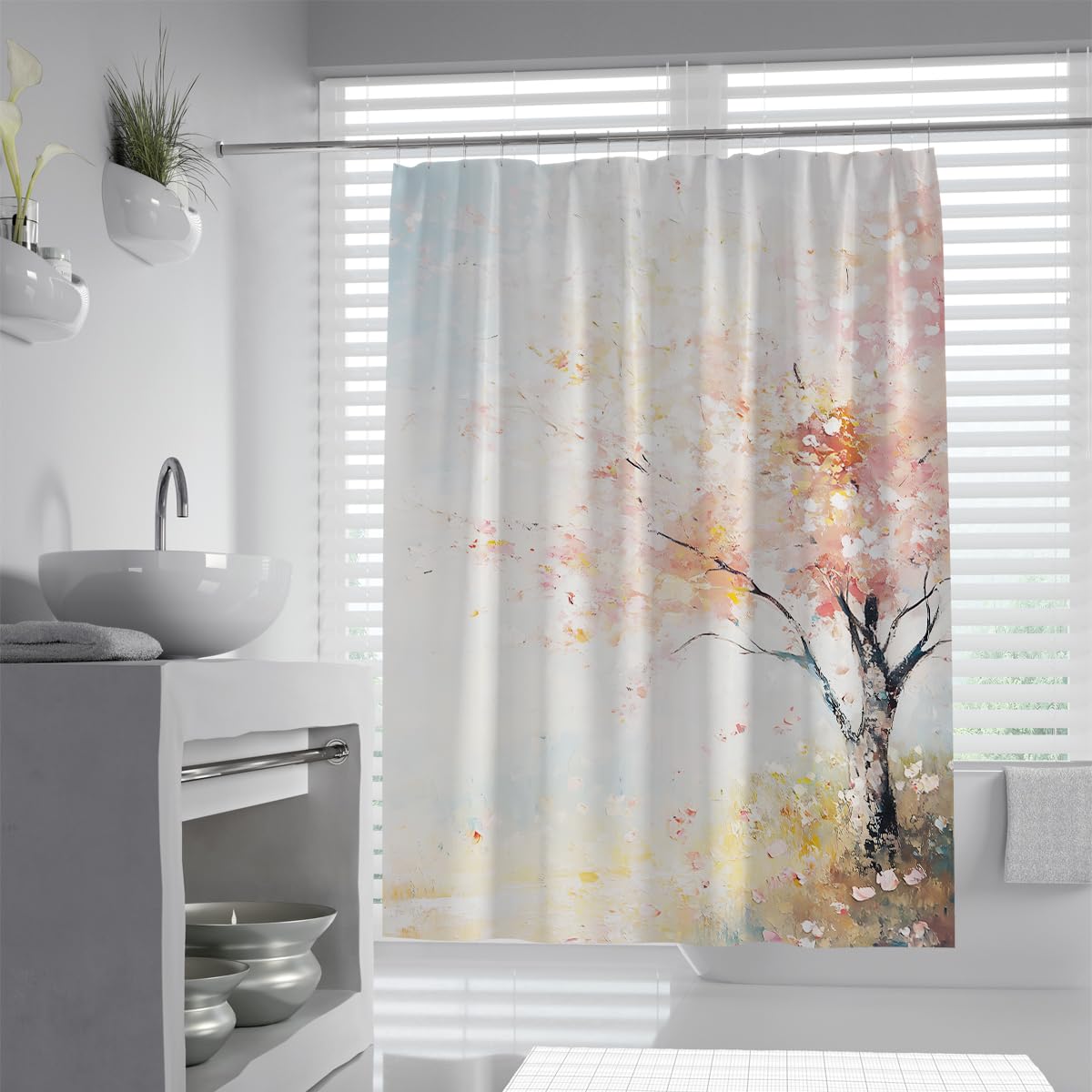 UERWOWELL Romantic Spring Floral Shower Curtain Minimalist Aesthetic Home Bathroom Decoration Set with Hooks Cherry Blossom Shower Curtain Washable W180xL200 cm